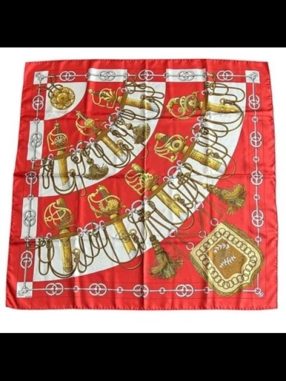 Hermes Red White and Gold Equestrian Print Silk Scarf